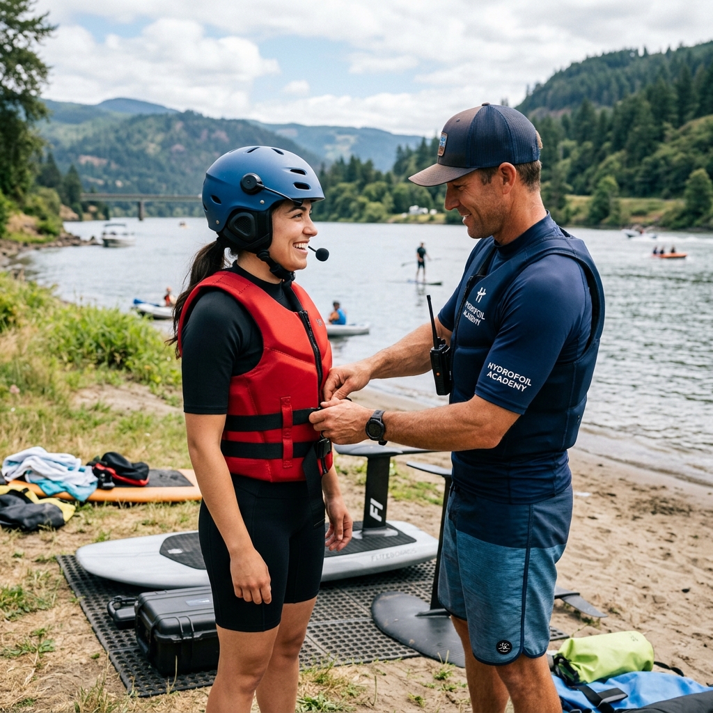 Instructor fitting rider with life jacket and waterproof BBTalkin radio helmet on shore