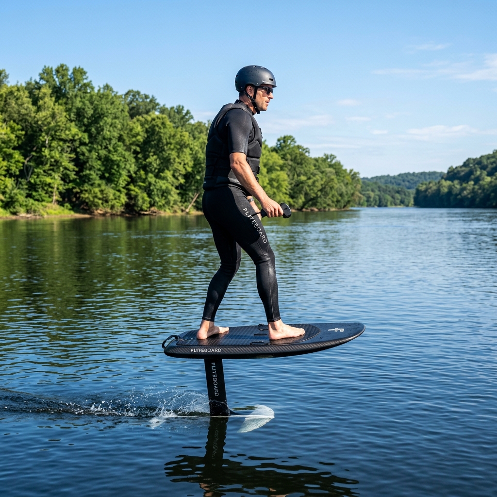Rider taking flight on an electric hydrofoil eFoil board over calm river water