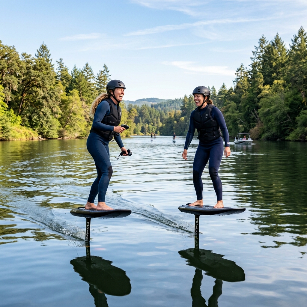 Two eFoil riders enjoying a multi-person group lesson together on the river